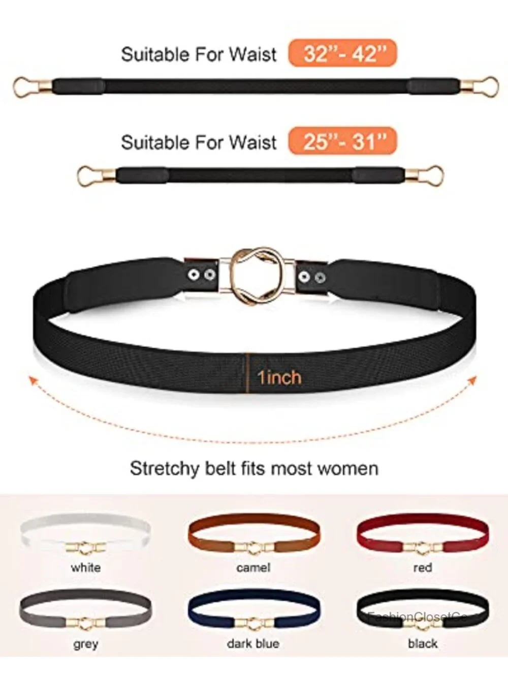 Set of 6 Skinny Elastic Waist Belts with Gold Buckles for Women – Stretchy